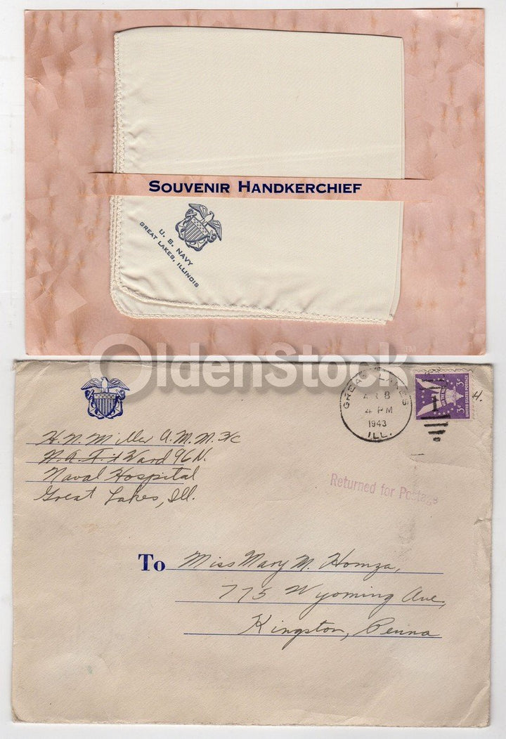 Great Lakes Illinois Vintage Old Stock WWII Navy Sweetheart Handkerchief